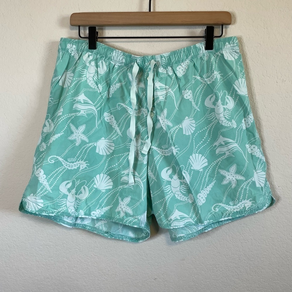 LL Bean Womens Pull On Stretch Waist Sea Ocean Seahorse Nautical Shorts Sz Large